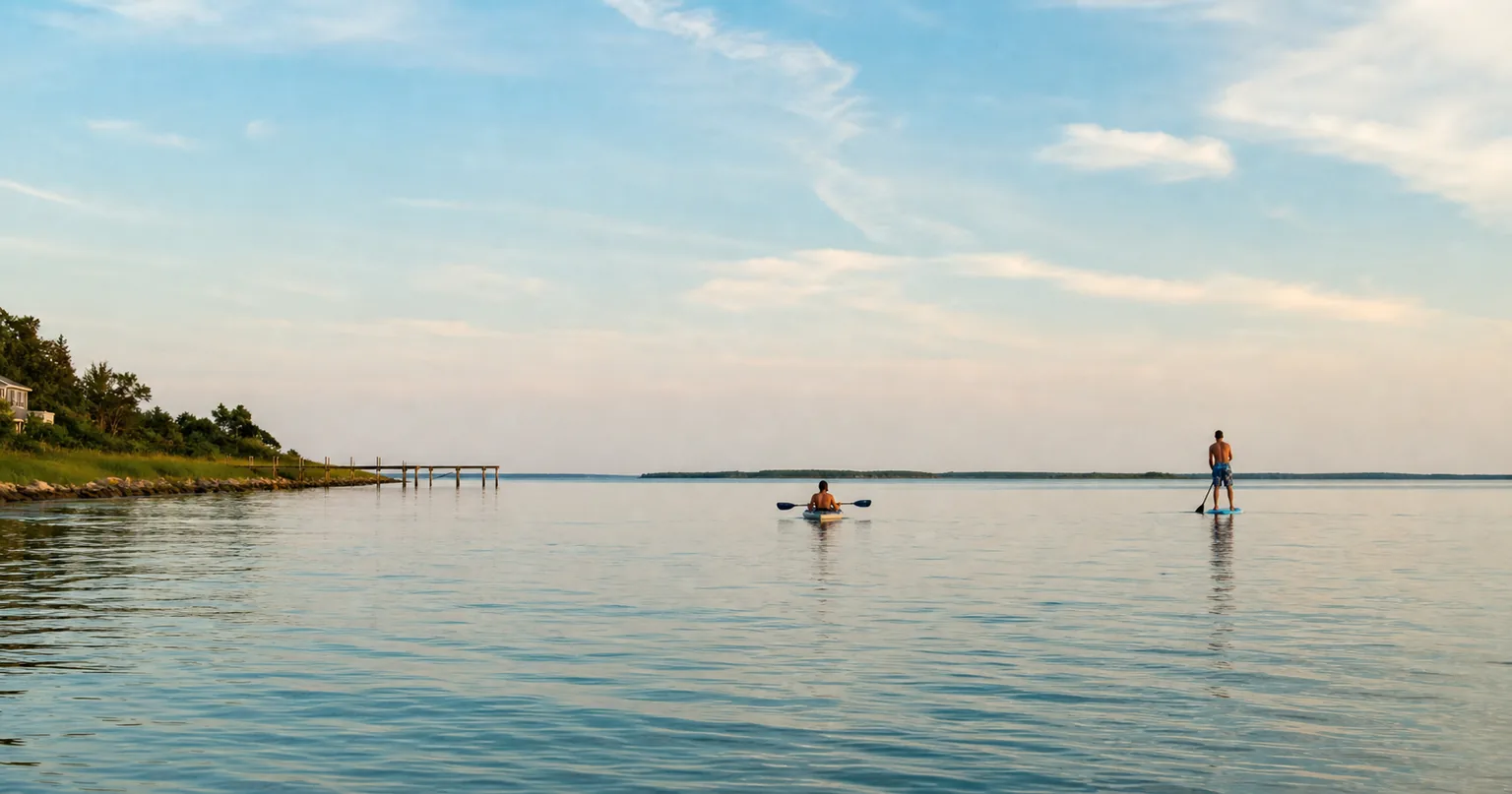 Calm bay water and open spring sky near Ocean City