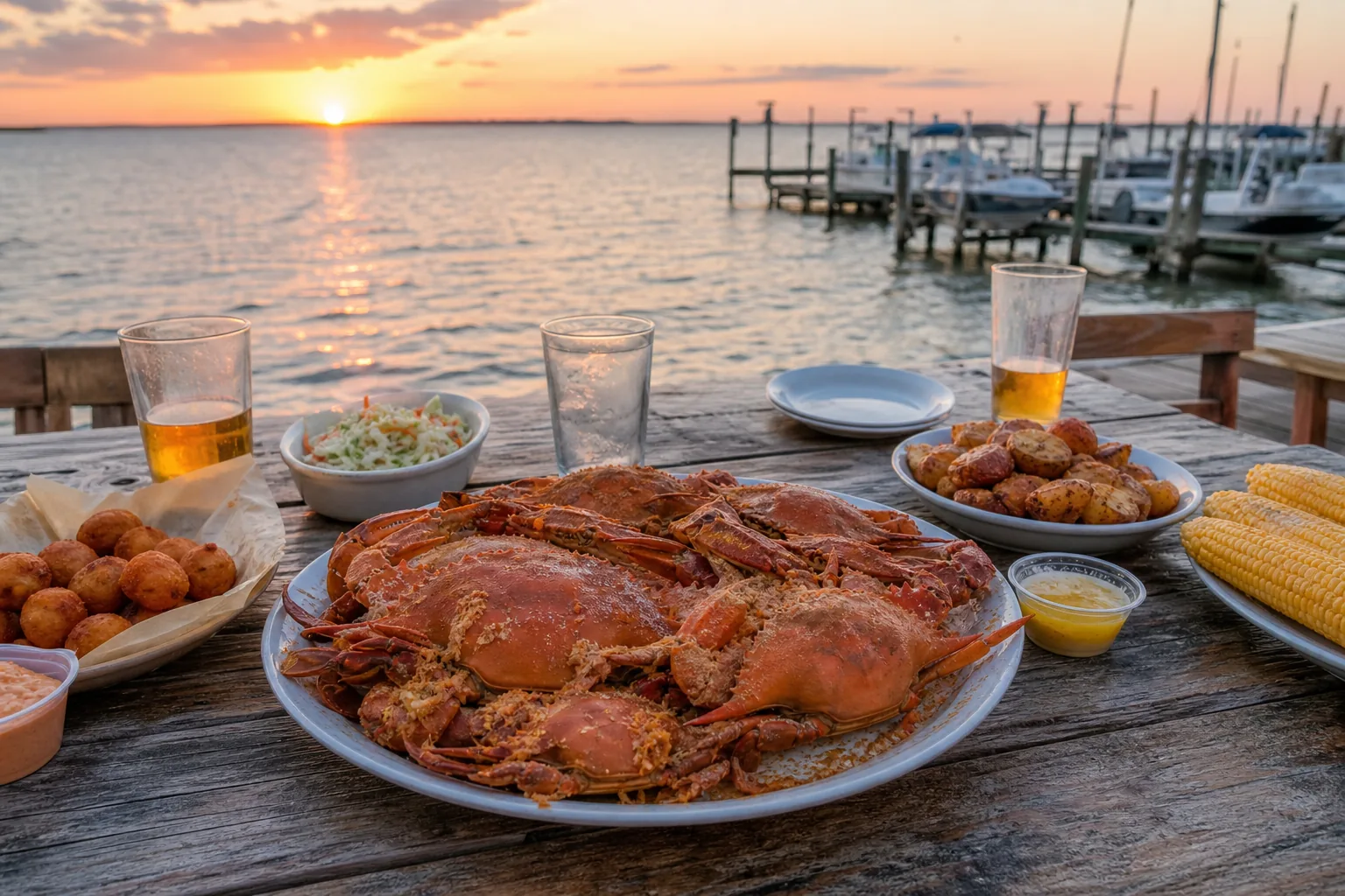 Shared seafood and casual food table in Ocean City