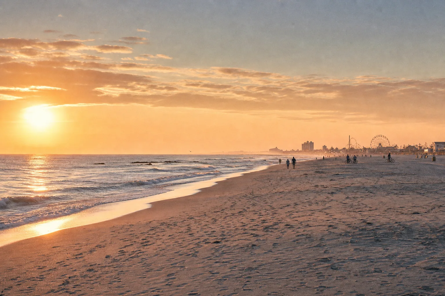 A broad Atlantic beach at sunrise with distant boardwalk rides and a few early walkers