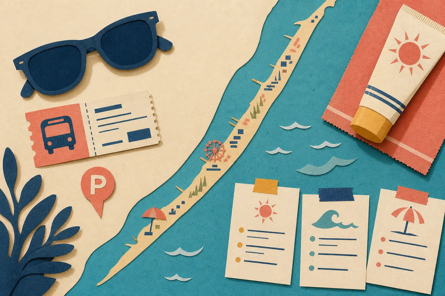 A paper map, sunglasses, and beach bag prepared for an Ocean City, Maryland trip